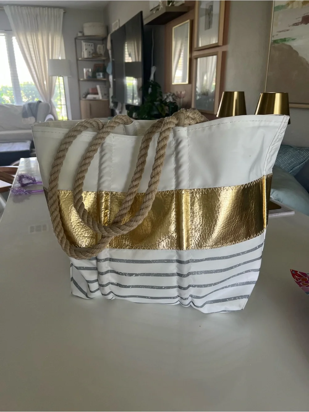 Sea Bags Recycled Sailcloth Medium Tote - Grey Mariner Stripe & Metallic Gold